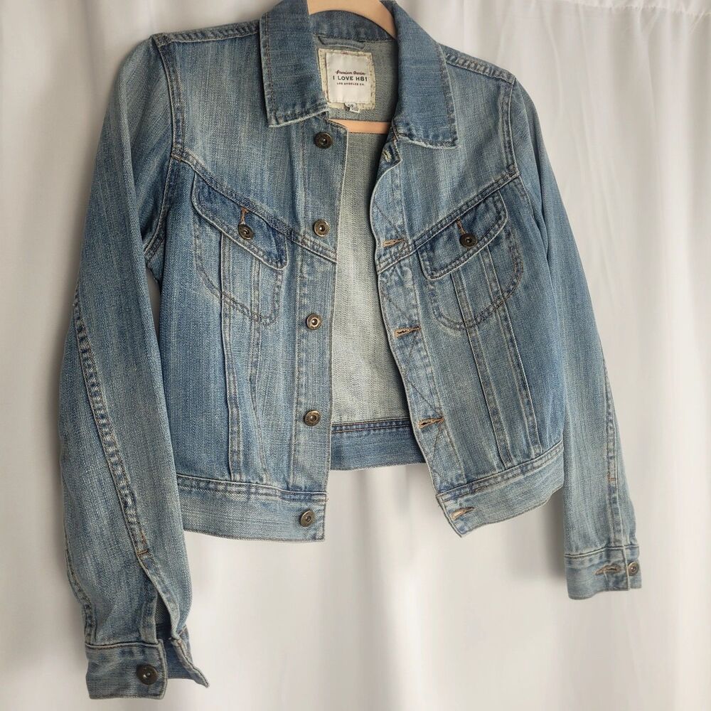 I Love H81 Denim Jean Jacket Womens Size Small Long Sleeve Button Med/Light Wash